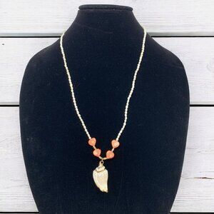 Vintage Seed Pearl Necklace & Shell Pendant Gold & Quartz Beads White Pink Gold